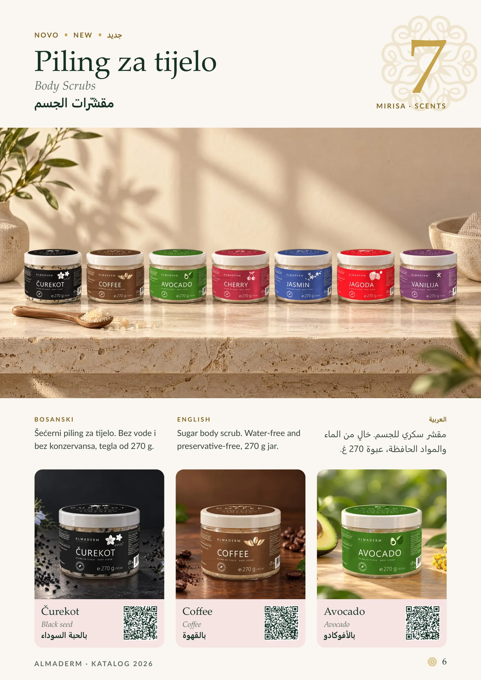 Page 6: Body Scrubs: Black seed, Coffee, Avocado.