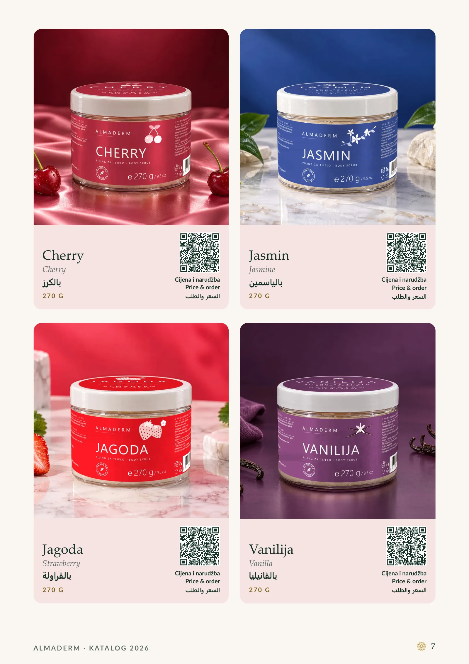 Page 7: Body Scrubs: Cherry, Jasmine, Strawberry, Vanilla.
