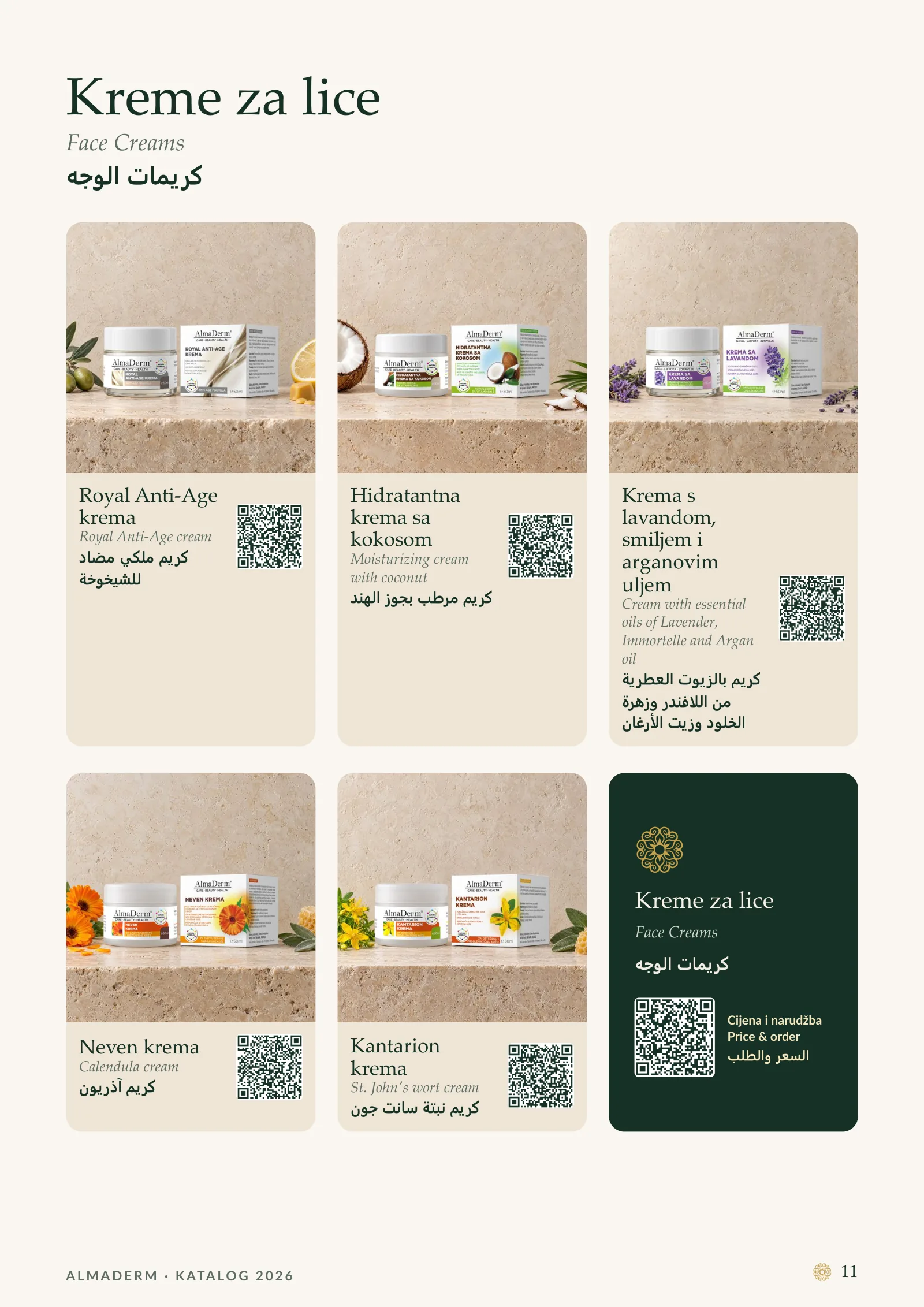 Page 11: Face Creams: Royal Anti-Age cream, Moisturizing cream with coconut, Cream with essential oils of Lavender, Immortelle and Argan oil, Calendula cream, St. John's wort cream.