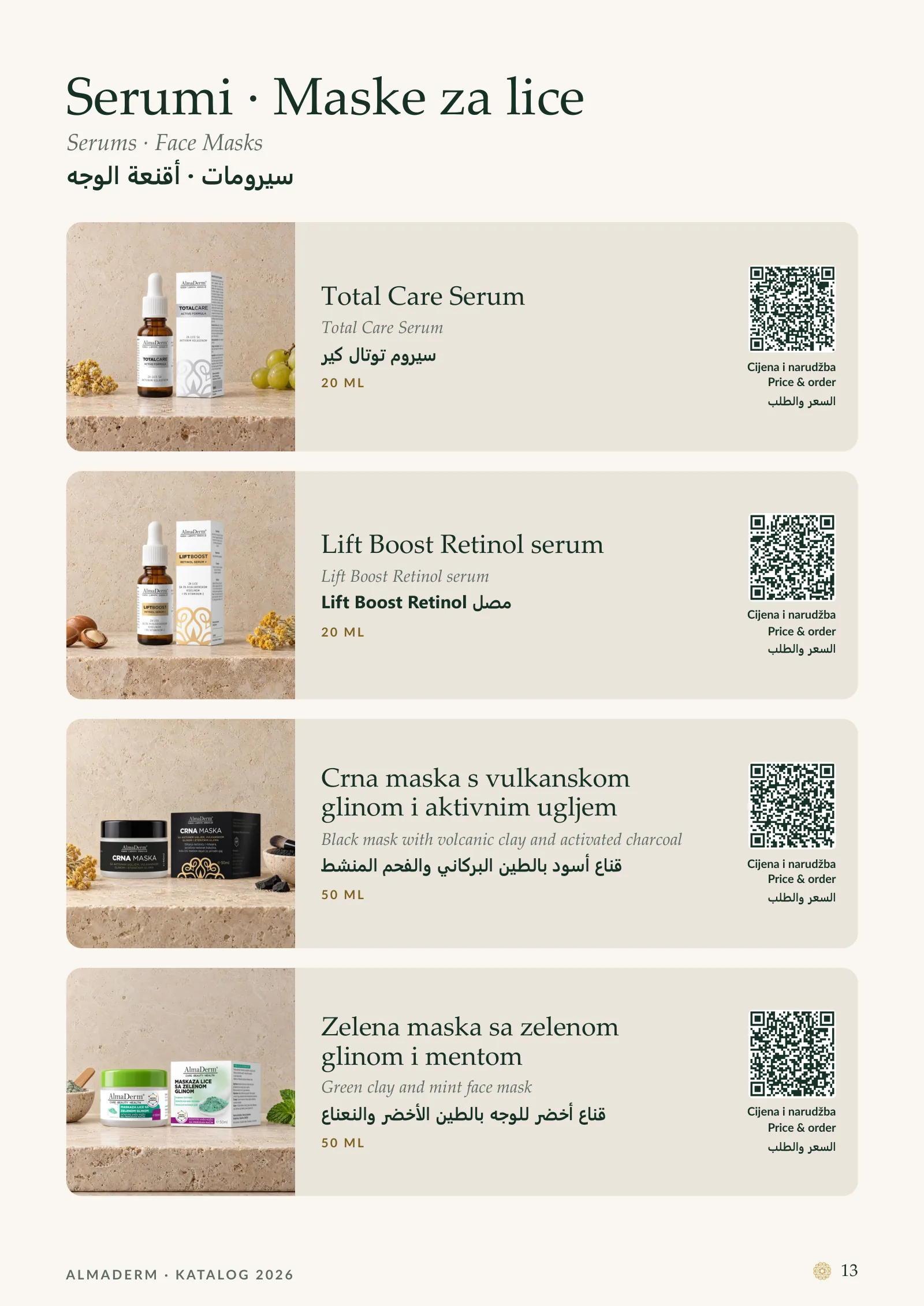 Page 13: Face Masks: Total Care Serum, Lift Boost Retinol serum, Black mask with volcanic clay and activated charcoal, Green clay and mint face mask.