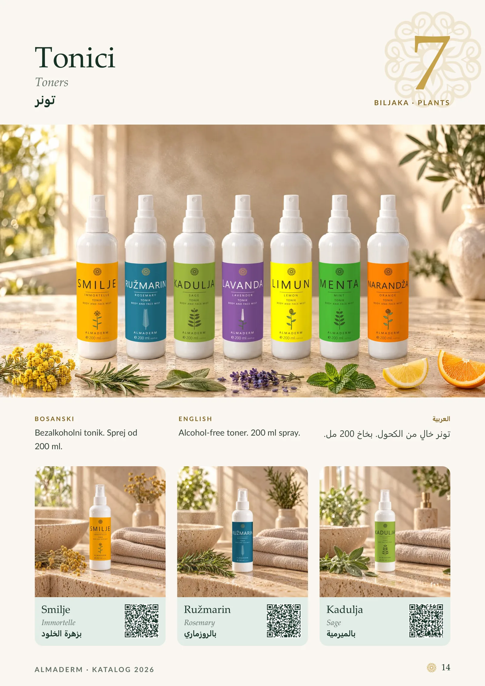 Page 14: Toners: Immortelle, Rosemary, Sage.