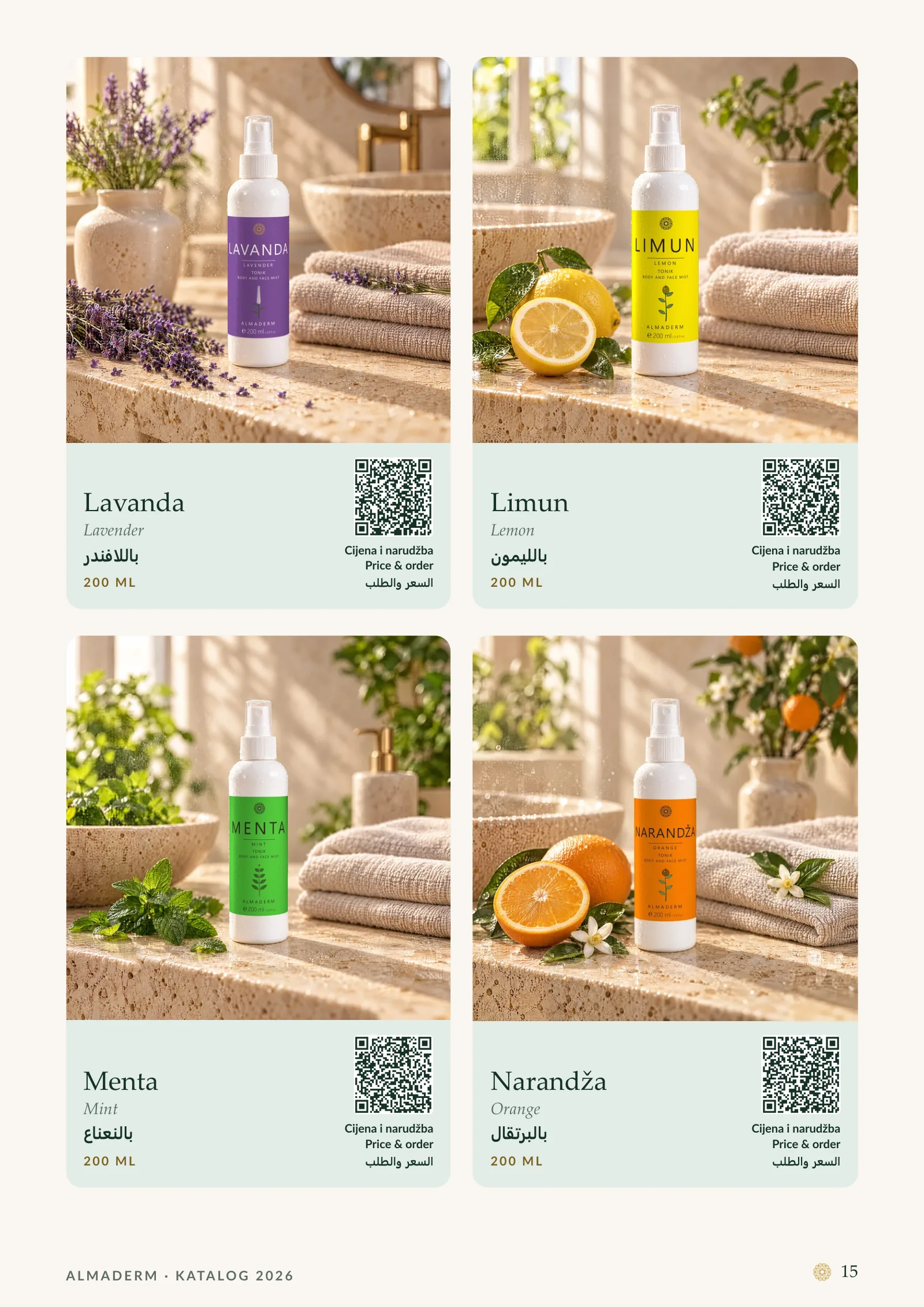 Page 15: Toners: Lavender, Lemon, Mint, Orange.