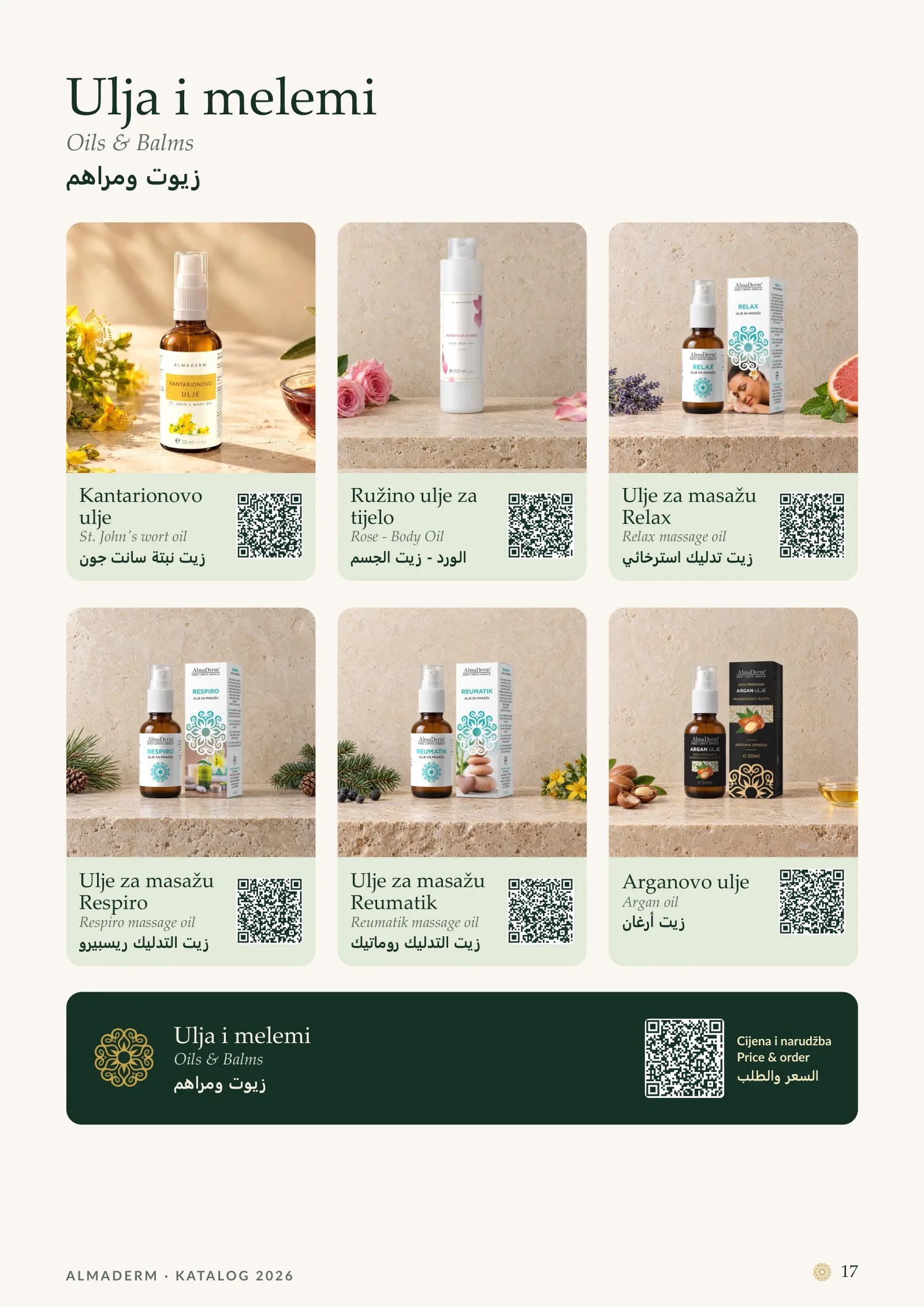 Page 17: Oils & Balms: St. John's wort oil, Rose - Body Oil, Relax massage oil, Respiro massage oil, Reumatik massage oil, Argan oil.