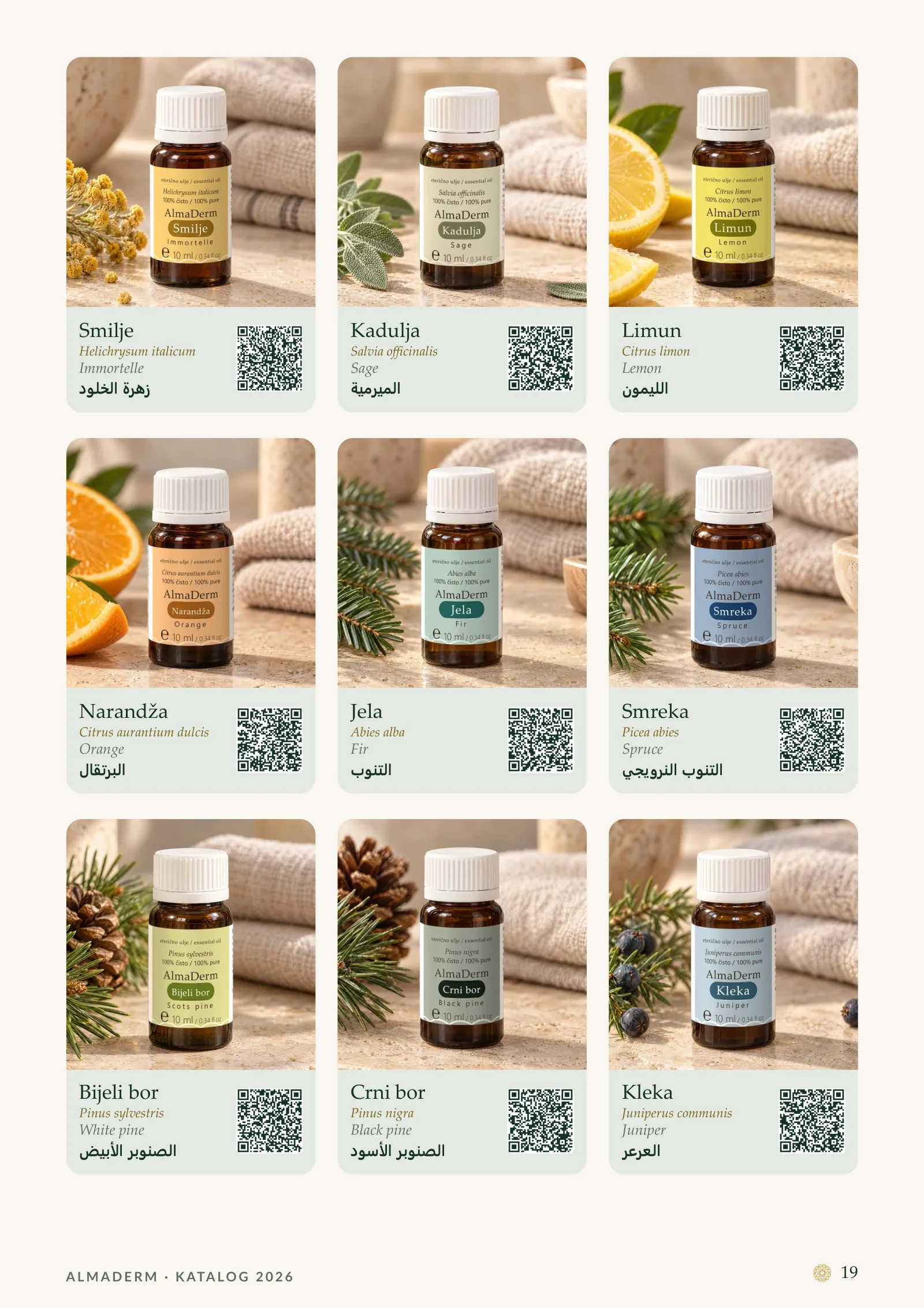 Page 19: Essential Oils: Immortelle, Sage, Lemon, Orange, Fir, Spruce, White pine, Black pine, Juniper.