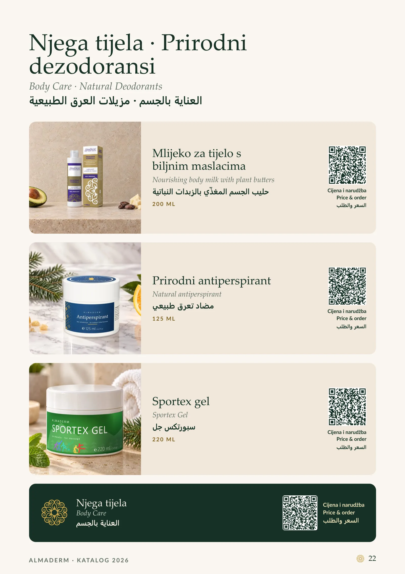 Page 22: Massage candles: Nourishing body milk with plant butters, Natural antiperspirant, Sportex Gel.