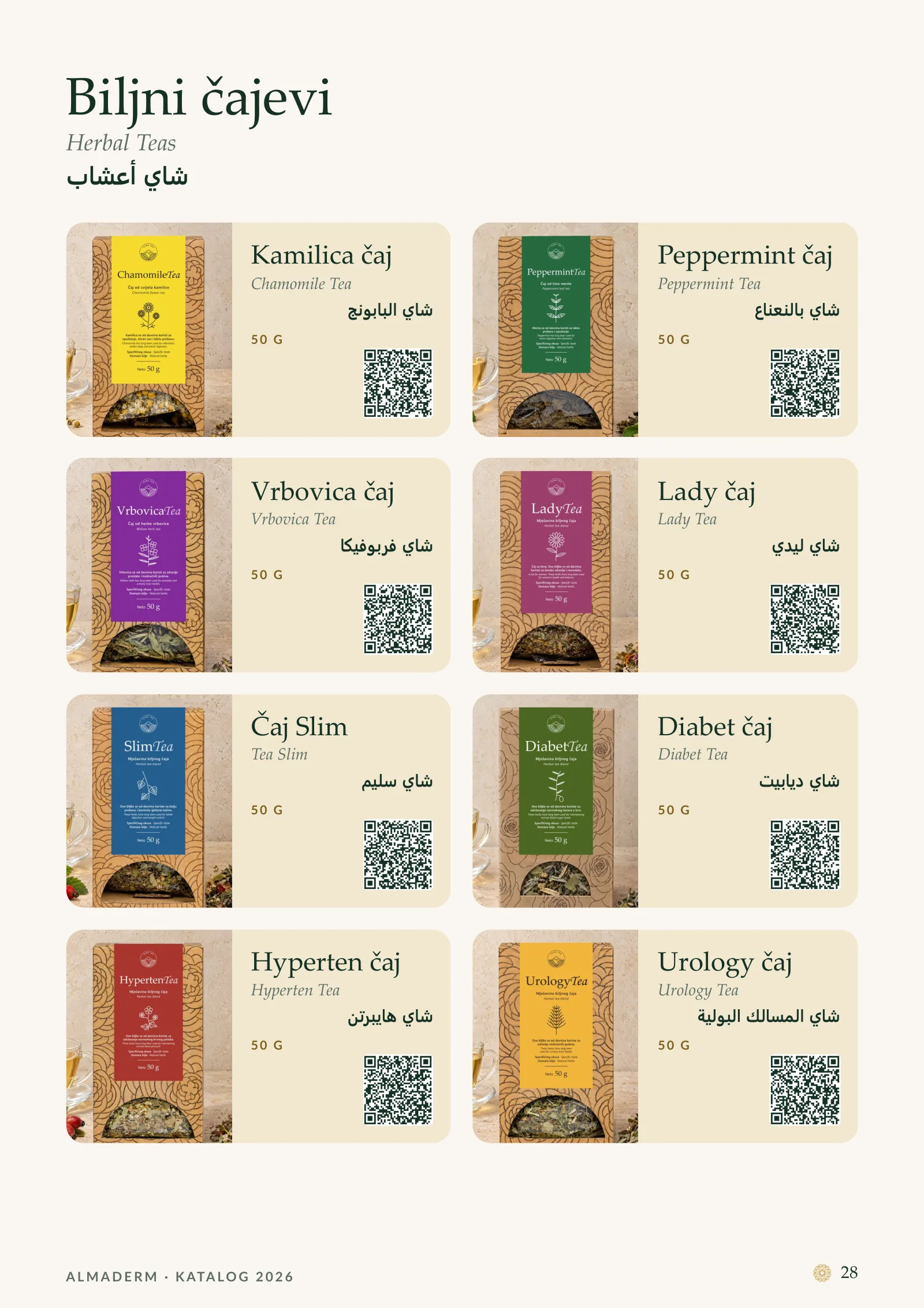 Page 28: Herbal Teas: Chamomile Tea, Peppermint Tea, Vrbovica Tea, Lady Tea, Tea Slim, Diabet Tea, Hyperten Tea, Urology Tea.