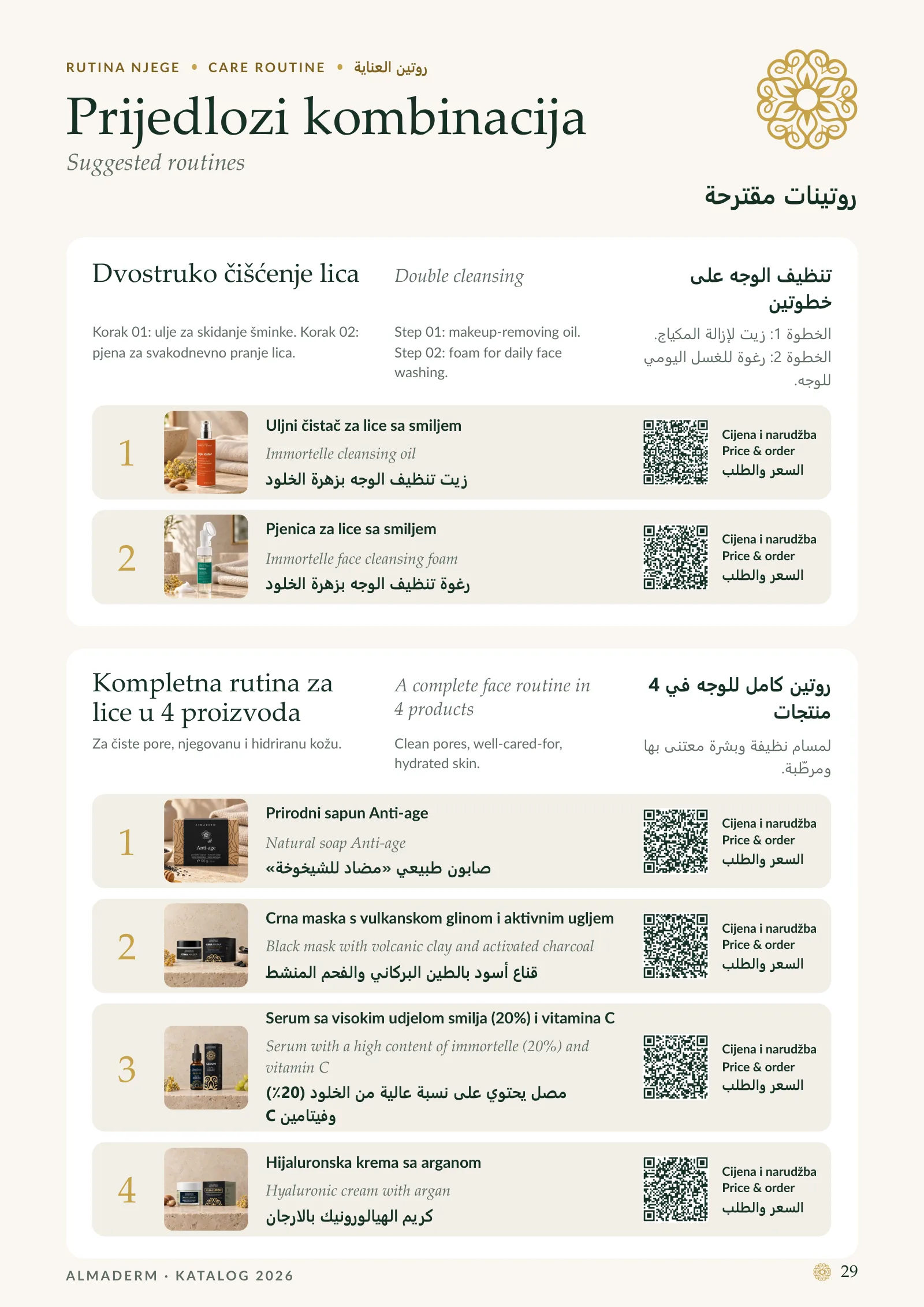 Page 29: Suggested routines: Immortelle cleansing oil, Immortelle face cleansing foam, Natural soap Anti-age, Black mask with volcanic clay and activated charcoal, Serum with a high content of immortelle (20%) and vitamin C, Hyaluronic cream with argan.